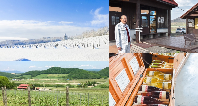 宝水ワイナリーの冬と夏の景色、ワイナリーの外観と並んだ商品