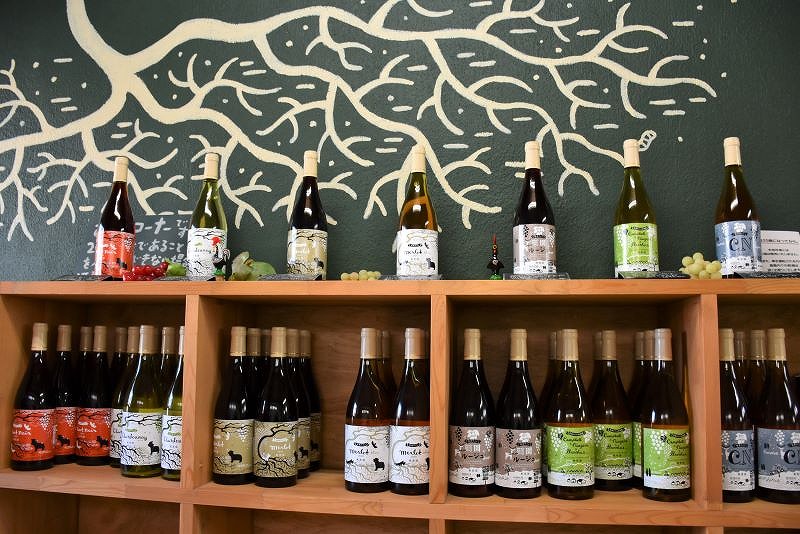直売所に並ぶワインボトル