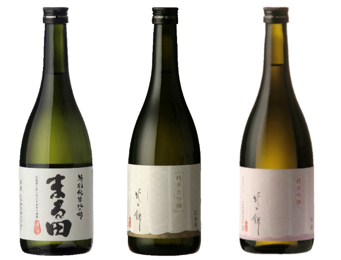 小林酒造の（左から）「特別純米まる田」「米大吟醸暖簾ラベル」「純米吟醸暖簾ラベル」