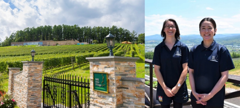 ニキ・ヒルズ・ワイナリーの外観と醸造家の太田麻美子さん（右）とウィズリントン真理子さん（左）