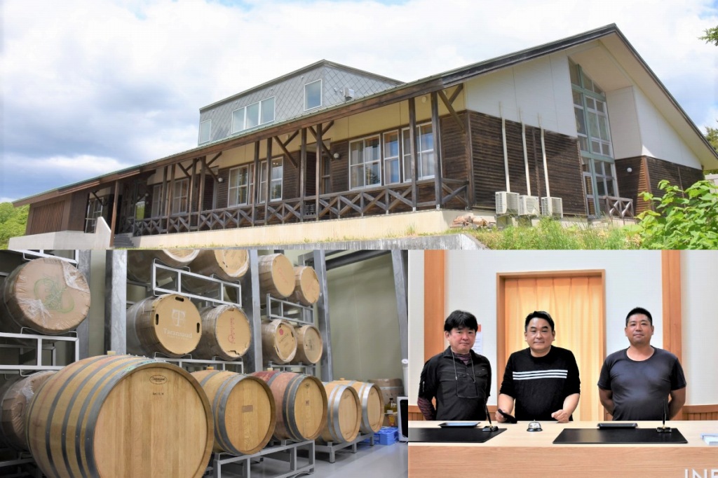 上ノ国ワイナリーの外観とワイン樽、ワイナリーの受付カウンター
