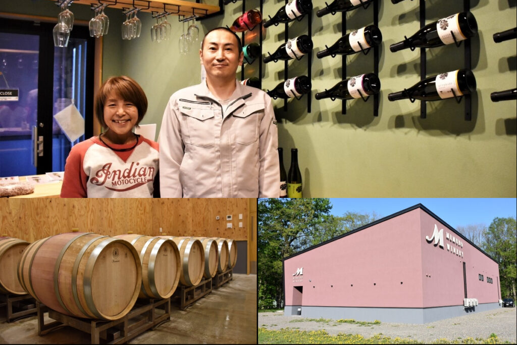 めむろワイナリーの売店でポーズをとる関係者の男女と保管されているワイン樽、めむろワイナリーの外観