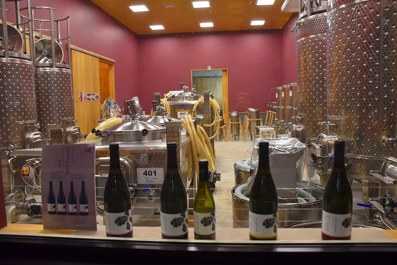 醸造所内に設けられた見学通路のガラス越しに見える醸造所の設備