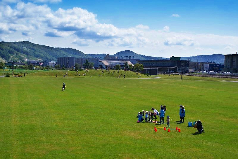 道の駅内の公園「るしんふれ愛パーク」の広大な芝生広場、