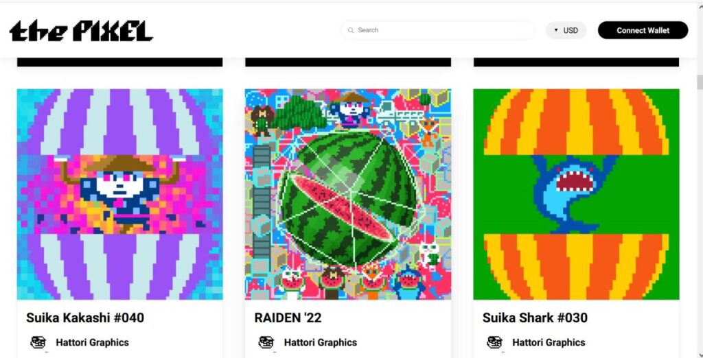 らいでんスイカやキャラクターが動くピクセルアートを販売しているザ・ピクセルの画面
