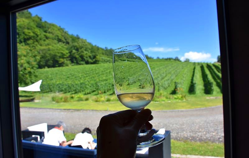 ル・レーヴ・ワイナリーの窓からの眺めとワイングラス