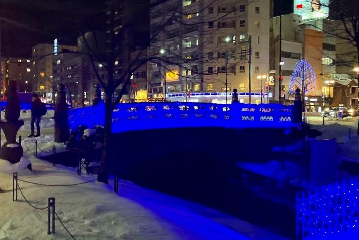 青色のＬＥＤが雪に反射して幻想的な雰囲気の「青の創成川イルミネーション」