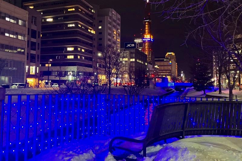 青色のＬＥＤが雪に反射して幻想的な雰囲気の「青の創成川イルミネーション」