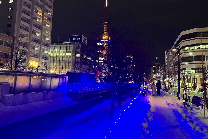 青色のＬＥＤが雪に反射して幻想的な雰囲気の「青の創成川イルミネーション」