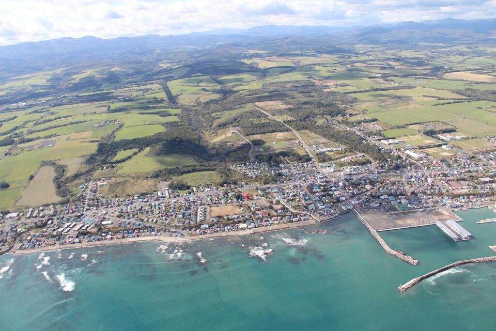 上空から見た雄武町の様子。手前からオホーツク海、市街地、酪農業の牧草地帯、山林地帯へと続く