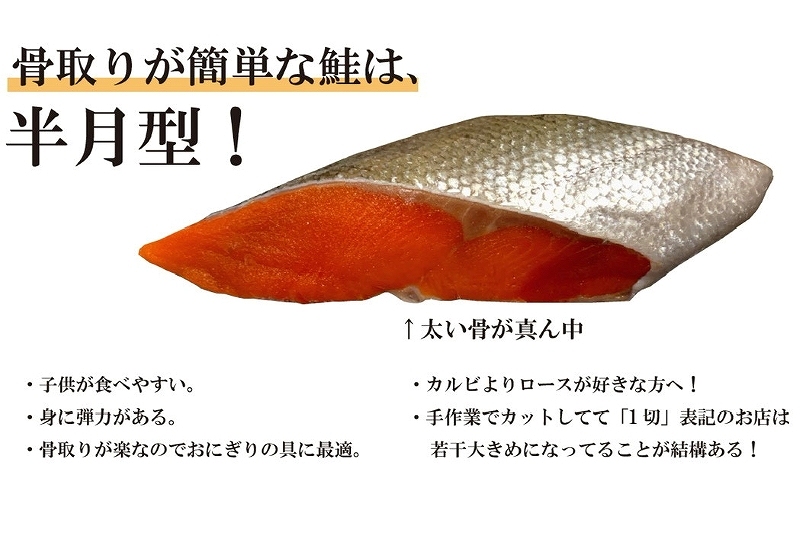 サケ切り身解説　いいね６万件超＊王子サーモンが発信＊半月型…骨取り簡単　弓型…脂のり良し