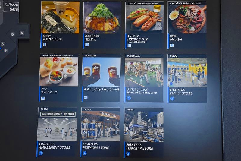 「エスコンフィールド北海道」に出店した飲食店やショップを紹介する看板