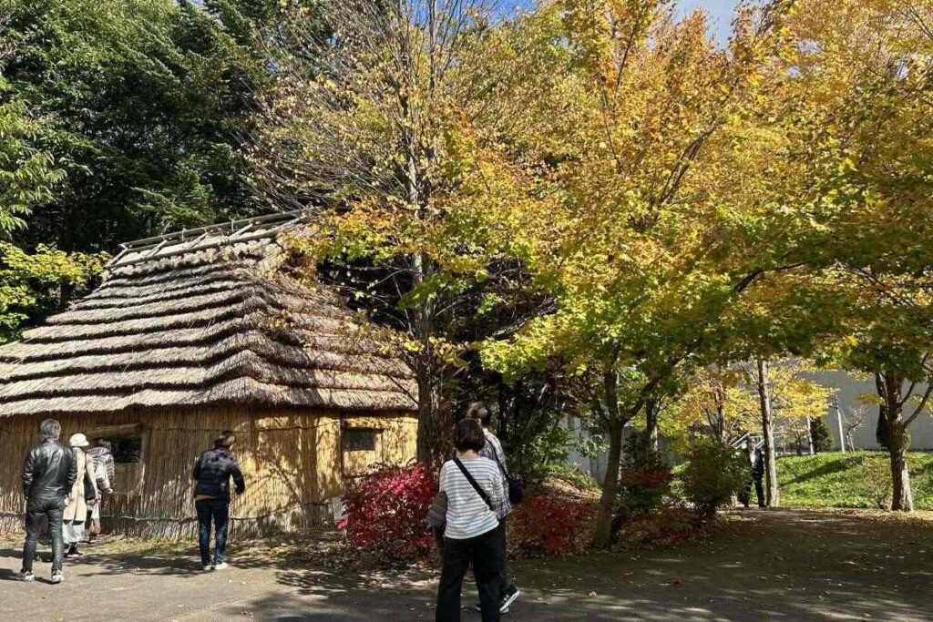 チセと黄色く色づいたクリの木