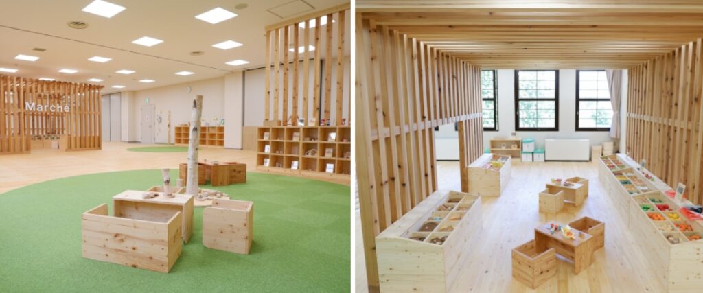 さとらんど館内にあるキッズコーナー（左）と木のおもちゃコーナー
