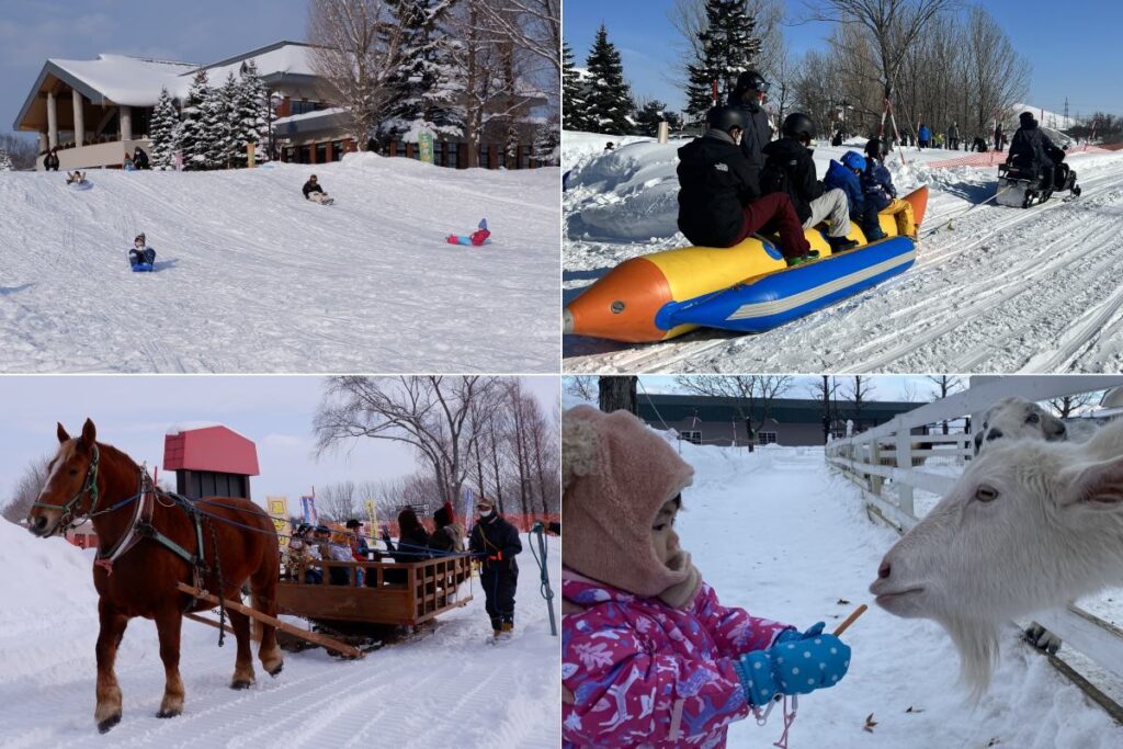 「そり山」（左上）「バナナボート」（右上）「馬そり」（左下）「えさやり体験」（右下）など冬季レクリエーションのイメージ画像。

