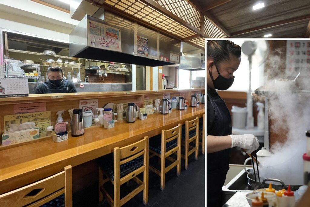 「こぐまん」の店内(左)と厨房に立つ店主の美幸さん(右)