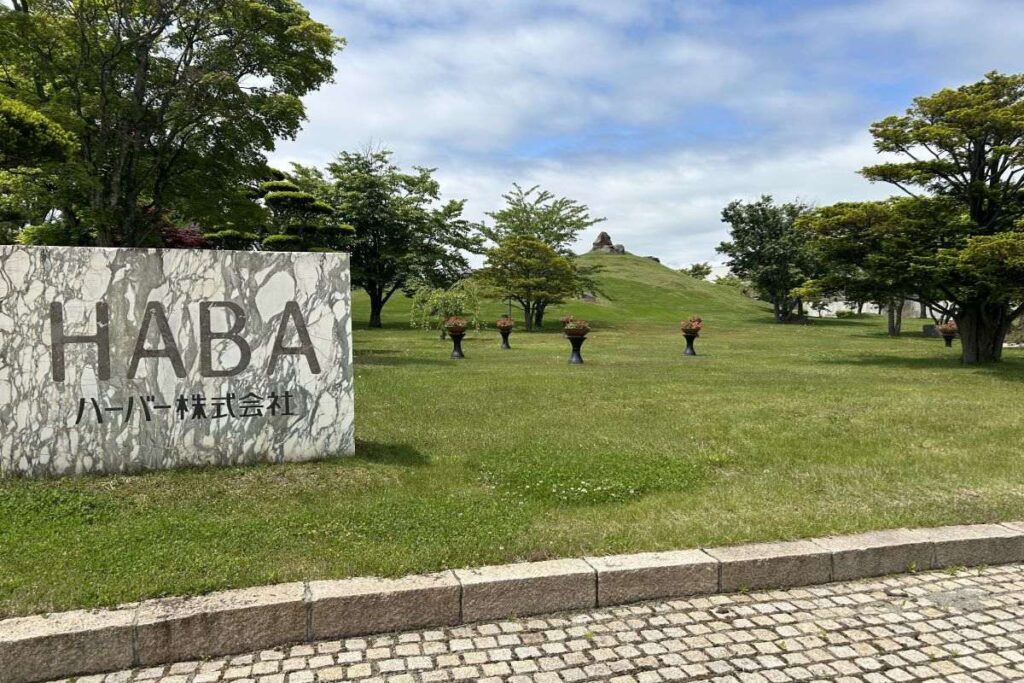 ハーバーの企業名看板の奥に見える造成した丘