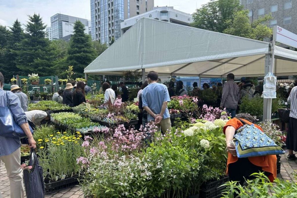 花の苗を求める人たちでにぎわう花市場