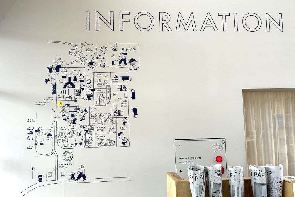 かわいらしい工場の案内図がある入り口